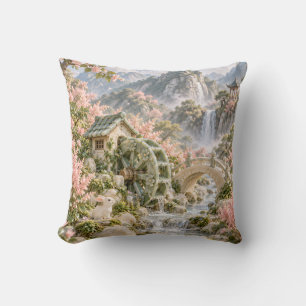 Cojín Decorativo Jardín de flores de rueda de agua de jade Montaña