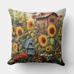 Cojín Decorativo Jardín de girasoles 3 Casas de pájaros pájaros azu