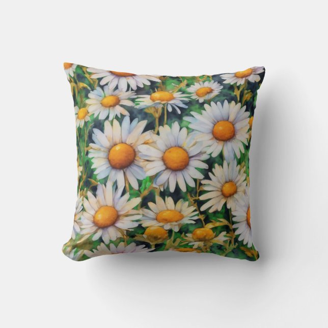Cojín Decorativo Jardín de las flores de margarita acuarela (Anverso)