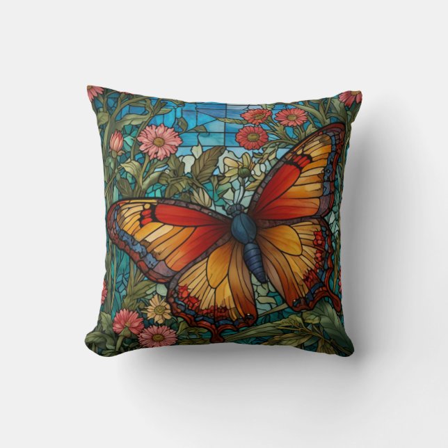 Cojín Decorativo Jardín de mariposa de vidrio retro (Anverso)