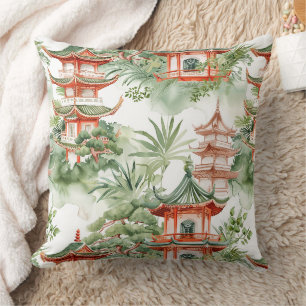Cojín Decorativo Jardín de Pagoda Oriental Acuarela de Salvia