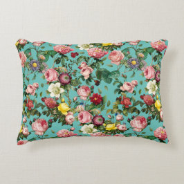 Cojín Decorativo Jardín de rosa de época con fondo verde azulado