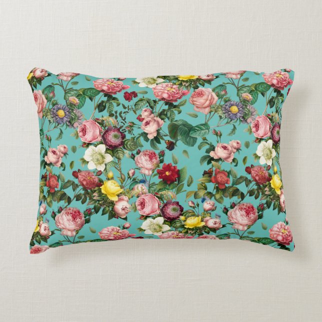 Cojín Decorativo Jardín de rosa de época con fondo verde azulado (Anverso)