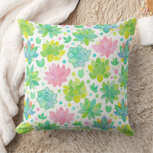 Cojín Decorativo Jardín de suculentas en patrón de acuarela pastel