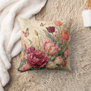 Cojín Decorativo Jardín de Tulipanes en Acuarela Lujosa