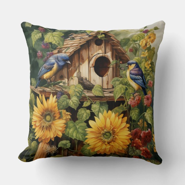 Cojín Decorativo Jardín del girasol 6 Aves Azules (Anverso)