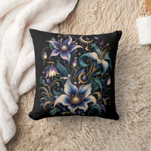 Cojín Decorativo Jardín Encantado de Medianoche: Azul Luminoso y Do