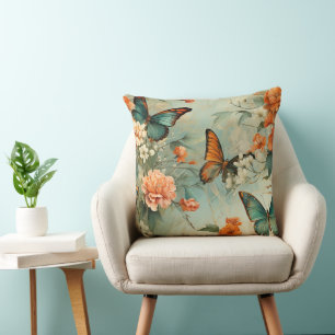 Cojín Decorativo Jardín floral de mariposa azul verdoso vintage
