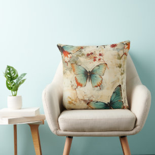 Cojín Decorativo Jardín Floral de Mariposas Turquesa Soñador Cottag