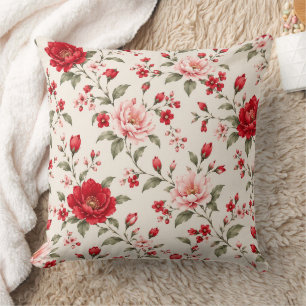 Cojín Decorativo Jardín floral rojo y rosa romántico sin fisuras