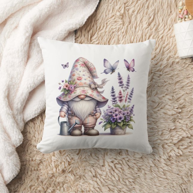 Cojín Decorativo Jardín Gnome Morado Flor rosa Lavanda Mariposa (Manta)
