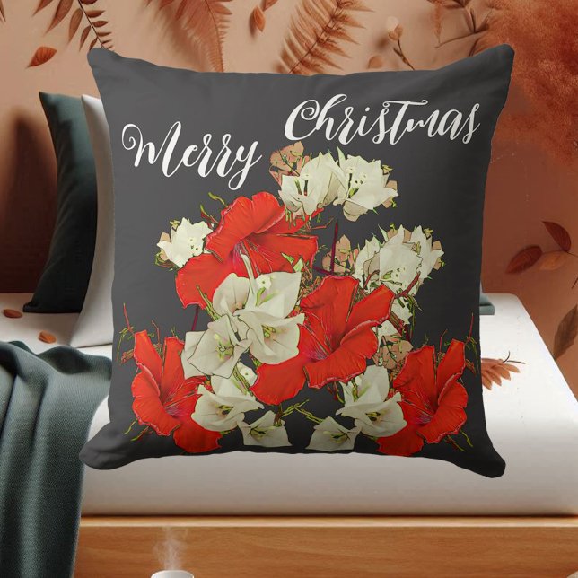 Cojín Decorativo Jardín Rojo Hibiscus Feliz Navidad Flores (Red Garden Hibiscus Merry Christmas Floral Blooms Throw Pillow)