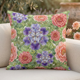 Cojín Decorativo Jardín Romántico de Acuarela Rosa Iris Peonía