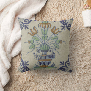 Cojín Decorativo Jarrón Antiguo de Tulipán de Delft en Azul y Dorad