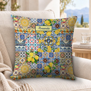 Cojín Decorativo Jarrón chic baldosas naranjas mediterráneas monogr