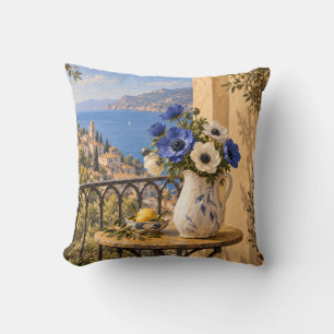 Cojín Decorativo Jarrón de Anémona Azul Balcón Soleado Mar Mediterr