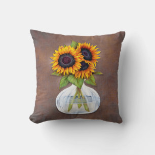 Cojín Decorativo Jarrón de hermosos girasoles sobre marrón rústico