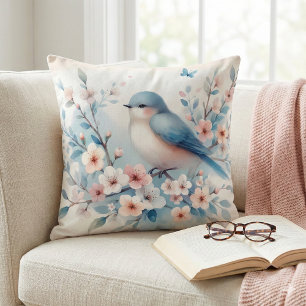 Cojín Decorativo Jazmín de Pájaro Azul Acuarela Serenidad