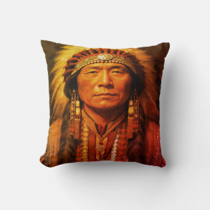 Cojín Decorativo Jefe indio americano nativo con vestido completo e