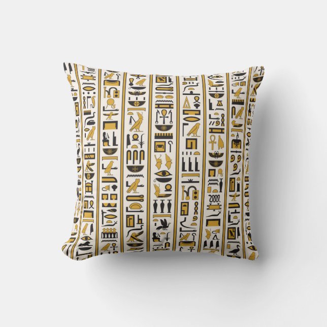 Cojín Decorativo Jeroglíficos Egipcios: Amarillo-Negro Sin Marea. (Anverso)