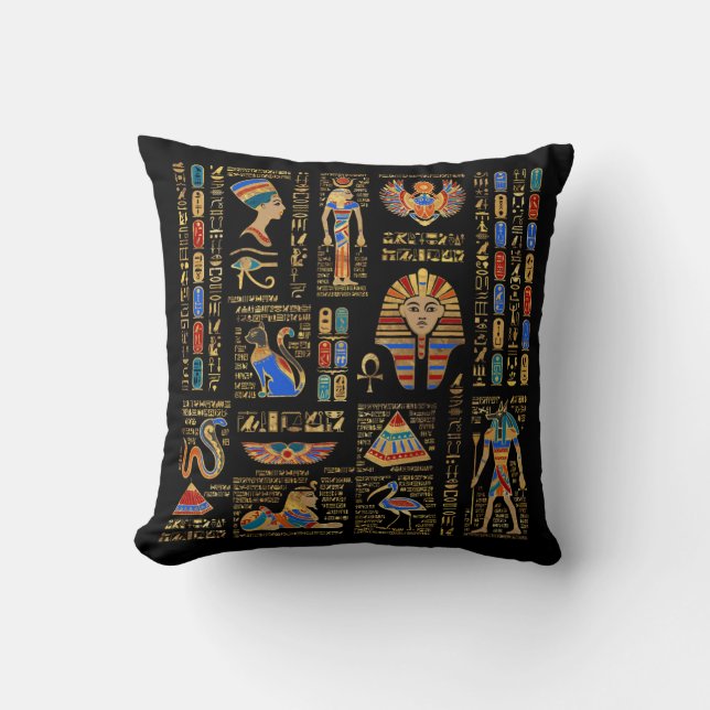 Cojín Decorativo Jeroglíficos y deidades egipcios en negro (Anverso)