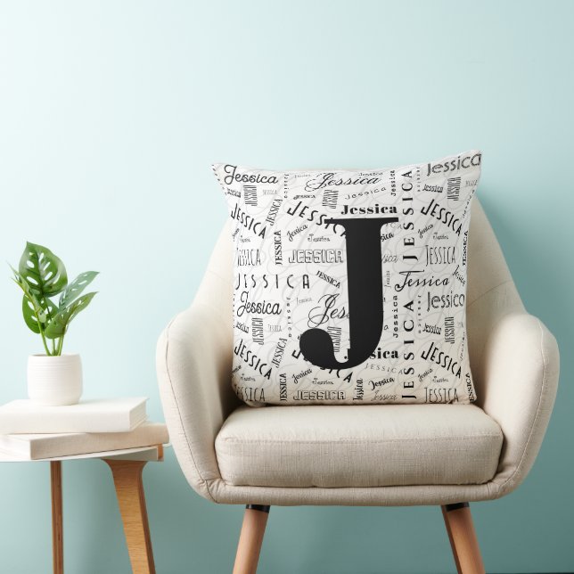 Cojín Decorativo Jessica Custom Name Black White Monogram J (Silla)