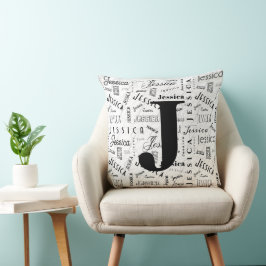 Cojín Decorativo Jessica Nombre Personalizado Blanco Negro Monogram