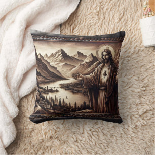 Cojín Decorativo Jesús Bendiciendo un paisaje de montaña