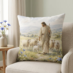 Cojín Decorativo Jesús Buen Pastor Acuarela de Flores Silvestres