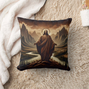 Cojín Decorativo Jesús parado en majestuosas montañas al atardecer