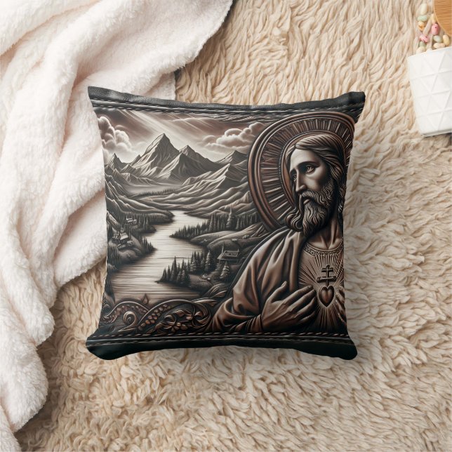 Cojín Decorativo Jesús rodeado por majestuosas montañas en el Dusk (Manta)