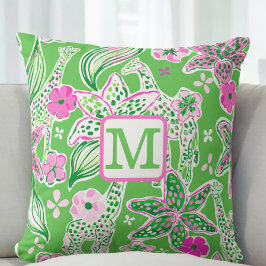 Cojín Decorativo Jirafas Preppy Lily Rosa Verde Monograma