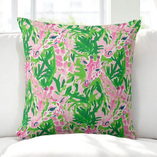 Cojín Decorativo Jirafas Preppy Rosa Verde Tropical (Subido por el creador)