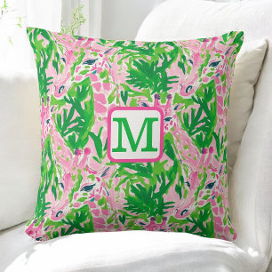 Cojín Decorativo Jirafas Preppy Rosa Verde Tropical Monograma
