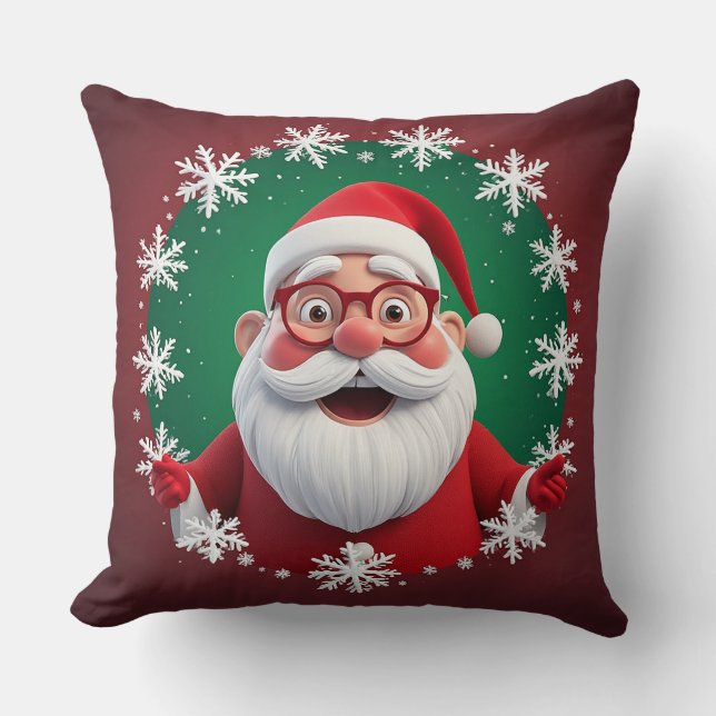 Cojín Decorativo Jolly Santa Claus rodeado de copos de nieve (Anverso)