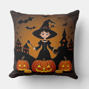 Cojín Decorativo Joven bruja con calabazas y casas embrujadas