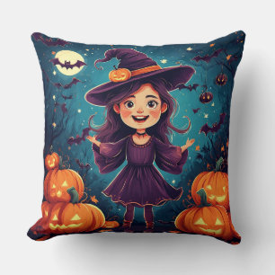 Cojín Decorativo Joven bruja entre calabazas brillantes