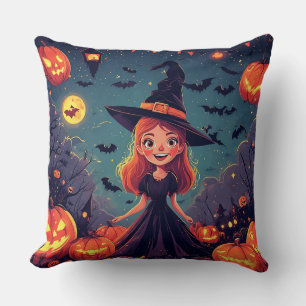 Cojín Decorativo Joven bruja entre calabazas brillantes