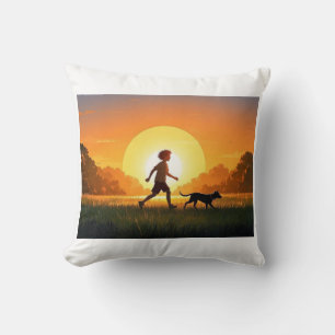 Cojín Decorativo Joven con perro al atardecer
