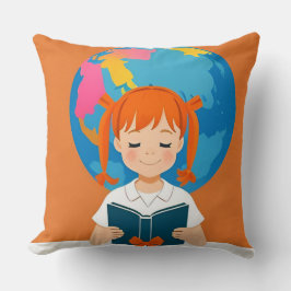 Cojín Decorativo Joven niña leyendo un libro con un globo terráqueo