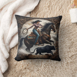 Cojín Decorativo Jovencita con toro en un evento de rodeo
