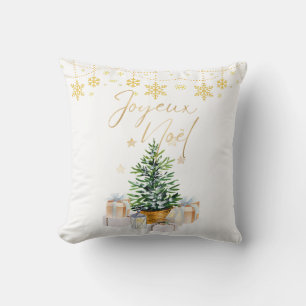 Cojín Decorativo Joyeux Noel Árbol de Navidad Copos de nieve dorado