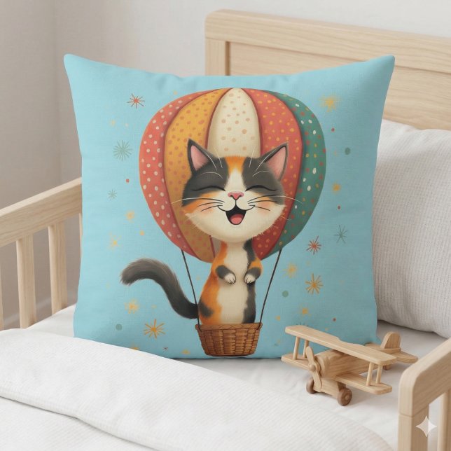 Cojín Decorativo Joyful Calico Cat Sky Adventure Ilustracion (Joyful Calico Cat Sky Adventure Illustration Throw Pillow Mockup A)
