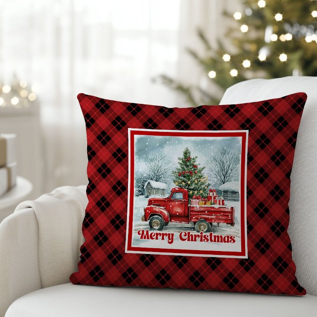 Cojín Decorativo Joyful red truck Christmas scene rustic festive  (Joyful red truck Christmas scene rustic festive pillow art

)