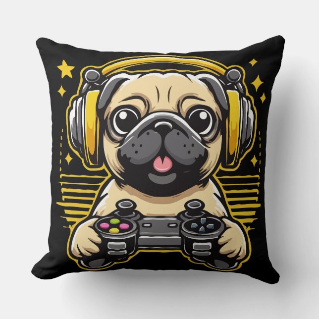 Cojín Decorativo Juego de videojuegos Pug Gaming Pugs (Anverso)