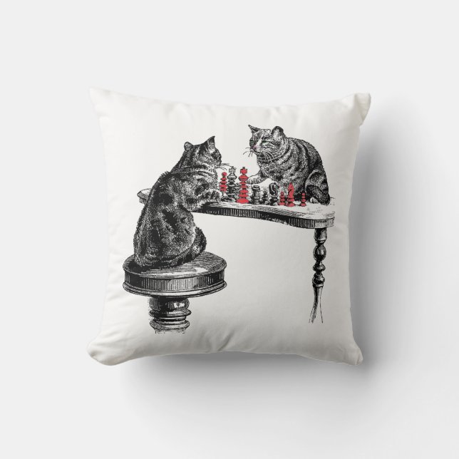 Cojín Decorativo Juegos de mesa Dos gatos jugando al ajedrez rojo (Anverso)