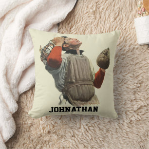 Cojín Decorativo Jugador de béisbol deportivo vintage, receptor mir