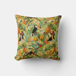 Cojín Decorativo Jungla Tropical Con Aves Y Flores Turcas