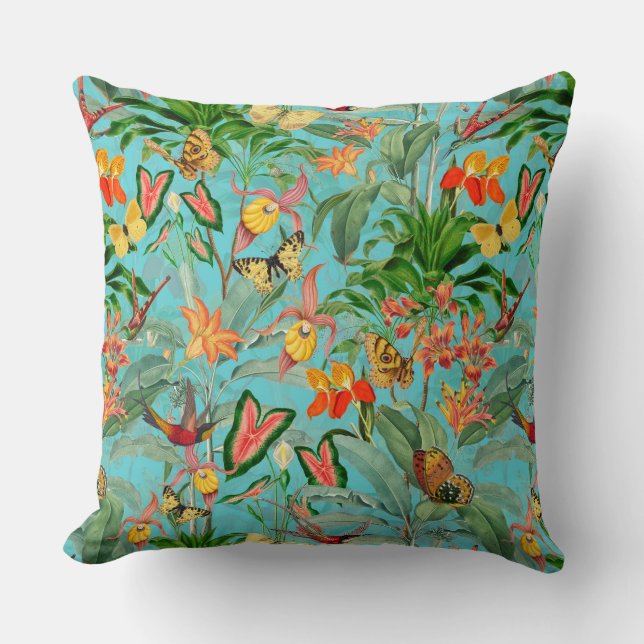 Cojín Decorativo Jungla Tropical Con Insectos Aves Y Flores (Anverso)