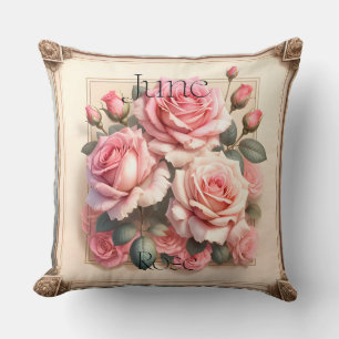 Cojín Decorativo Junio Rosa Mes de Cumpleaños Botánico Floral Vinta